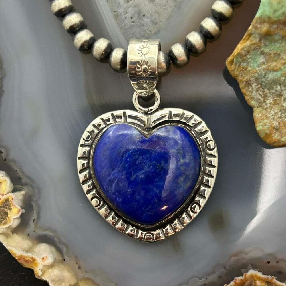 Sterling Southwestern Style Lapis Heart Decorated Pendant For Women #2